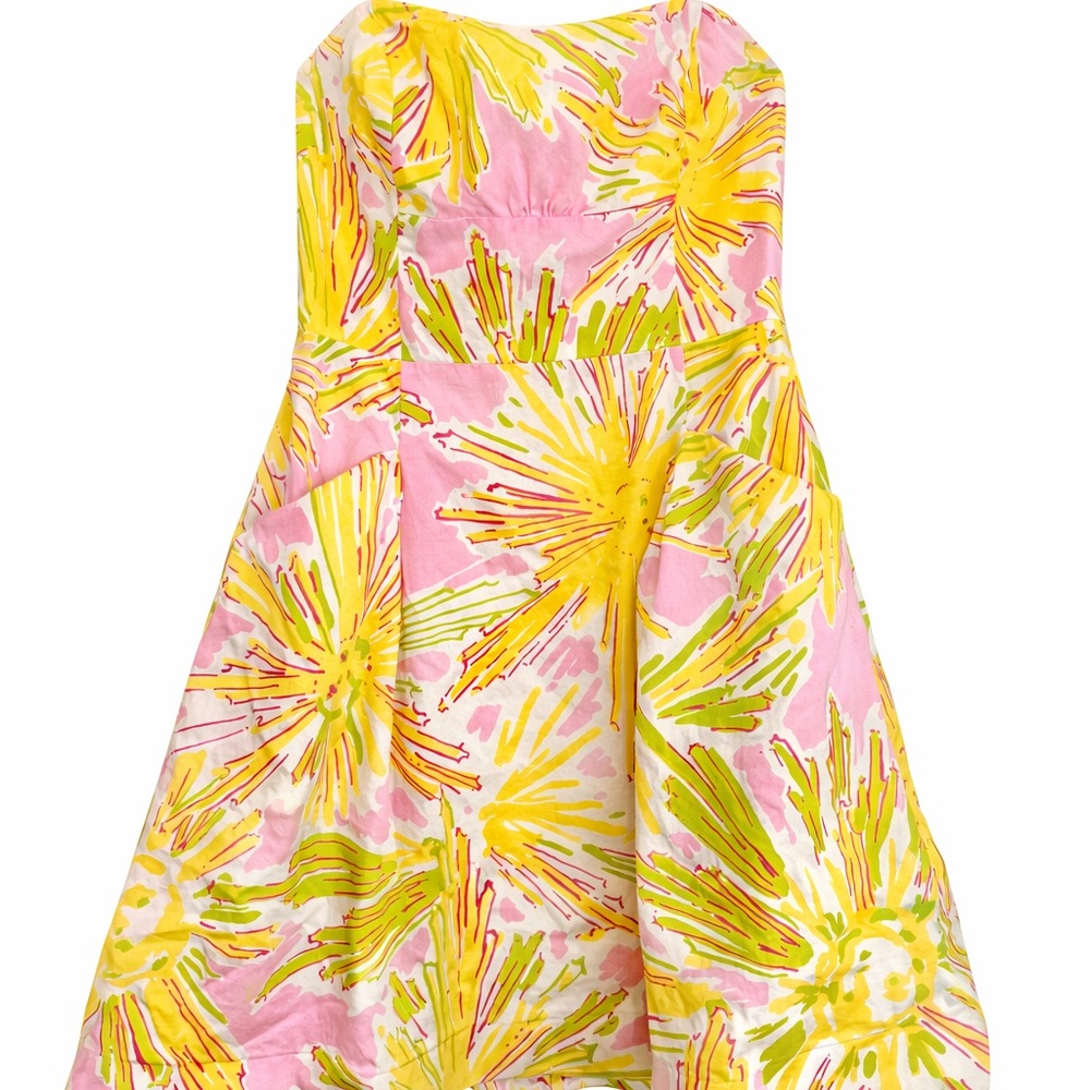Lilly Pulitzer Strapless Floral Fit-and-Flare Dress in Pink, Yellow, Green